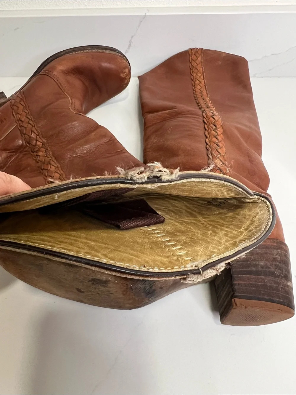 Vintage Frye Brown Leather Braided Tall Boots size 7.5